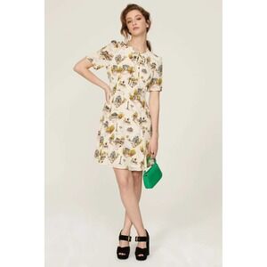 LK Bennett Marais Paris Print Silk Tea Dress Short Sleeve Tie Neck A Line Midi